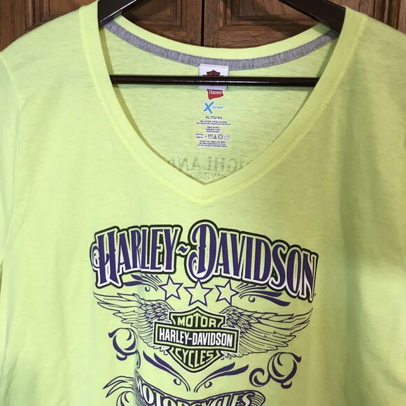 Harley-Davidson T-Shirt Neon Yellow Adult XL Tee Front & Back Graphics Hanes Top - Picture 4 of 10
